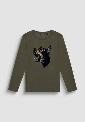 T SHIRT REGULAR FIT DE JERSEY DE ALGODÓN NEGRO MANGA LARGA CON ESTAMPADO DE DÓBERMAN