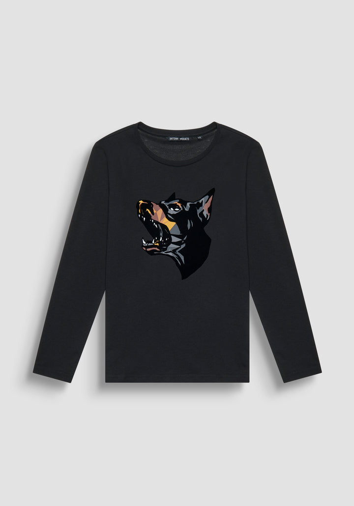 T SHIRT REGULAR FIT DE JERSEY DE ALGODÓN NEGRO CON ESTAMPADO DE DÓBERMAN