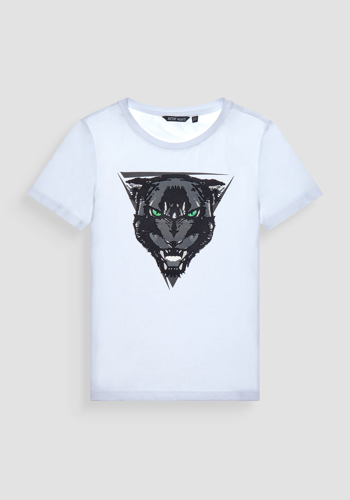 T-SHIRT REGULAR FIT DE JERSEY DE ALGODÓN BLANCO CON ESTAMPADO DE PANTERA