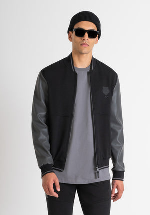 CHAQUETA ESTILO COLLEGE REGULAR FIT DE ALGODÓN Y MANGAS DE PIEL