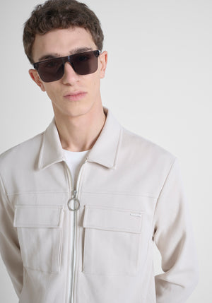 CHAQUETA SLIM FIT DE MEZCLA DE PIQUÉ DE ALGODÓN CON CUELLO Y CREMALLERA