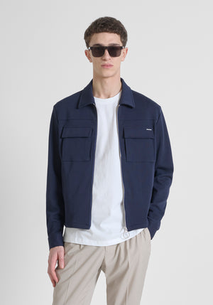 CHAQUETA SLIM FIT DE MEZCLA DE PIQUÉ DE ALGODÓN CON CUELLO Y CREMALLERA