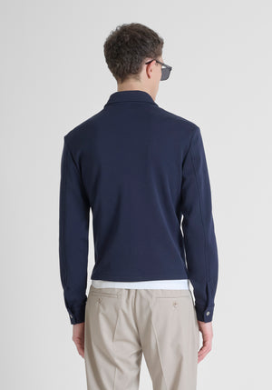 CHAQUETA SLIM FIT DE MEZCLA DE PIQUÉ DE ALGODÓN CON CUELLO Y CREMALLERA