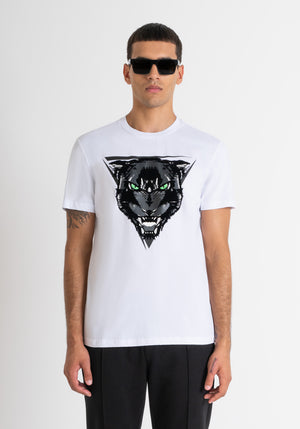 T-SHIRT REGULAR FIT DE JERSEY DE ALGODÓN BLANCO CON ESTAMPADO DE PANTERA