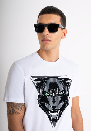 T-SHIRT REGULAR FIT DE JERSEY DE ALGODÓN BLANCO CON ESTAMPADO DE PANTERA