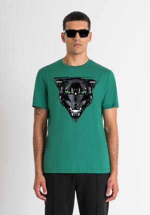 T-SHIRT REGULAR FIT DE JERSEY DE ALGODÓN VERDE CON ESTAMPADO DE PANTERA