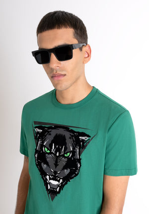 T-SHIRT REGULAR FIT DE JERSEY DE ALGODÓN VERDE CON ESTAMPADO DE PANTERA