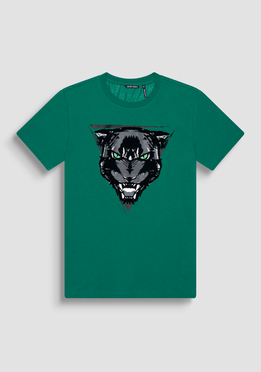 T-SHIRT REGULAR FIT DE JERSEY DE ALGODÓN VERDE CON ESTAMPADO DE PANTERA