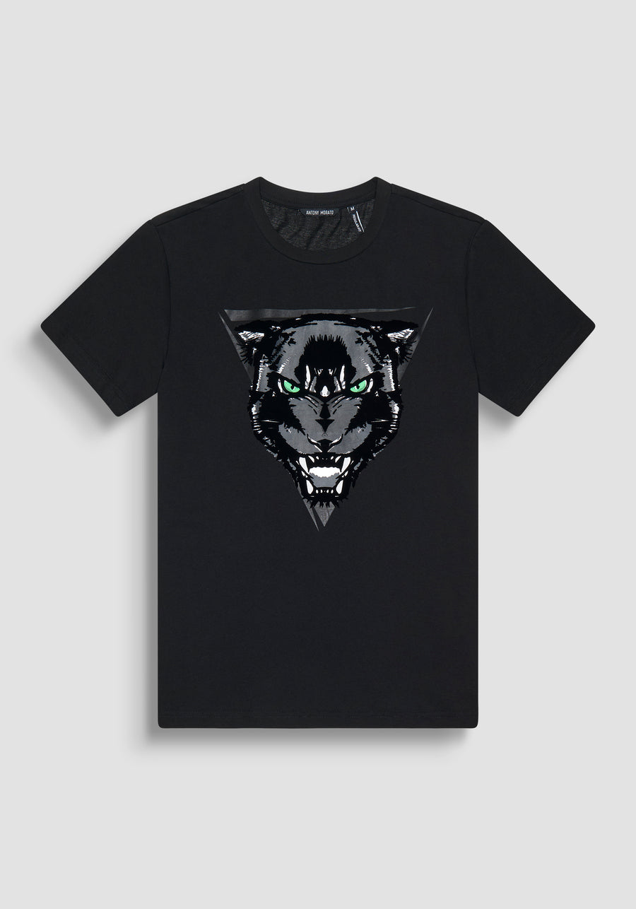 T-SHIRT REGULAR FIT DE JERSEY DE ALGODÓN NEGRO CON ESTAMPADO DE PANTERA