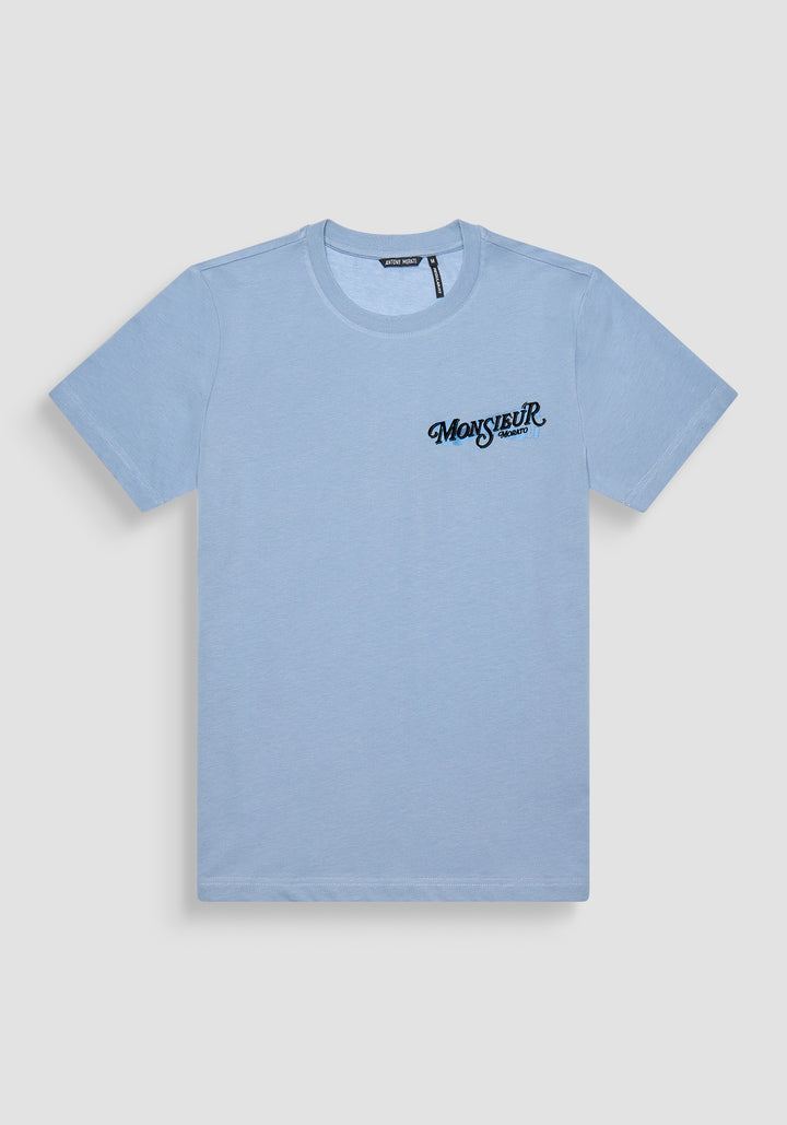 T-SHIRT REGULAR FIT AQUA DE JERSEY ALGODÓN CON LOGOTIPO DE "MONSIEUR"