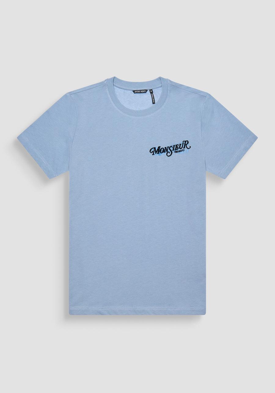 T-SHIRT REGULAR FIT AQUA DE JERSEY ALGODÓN CON LOGOTIPO DE "MONSIEUR"