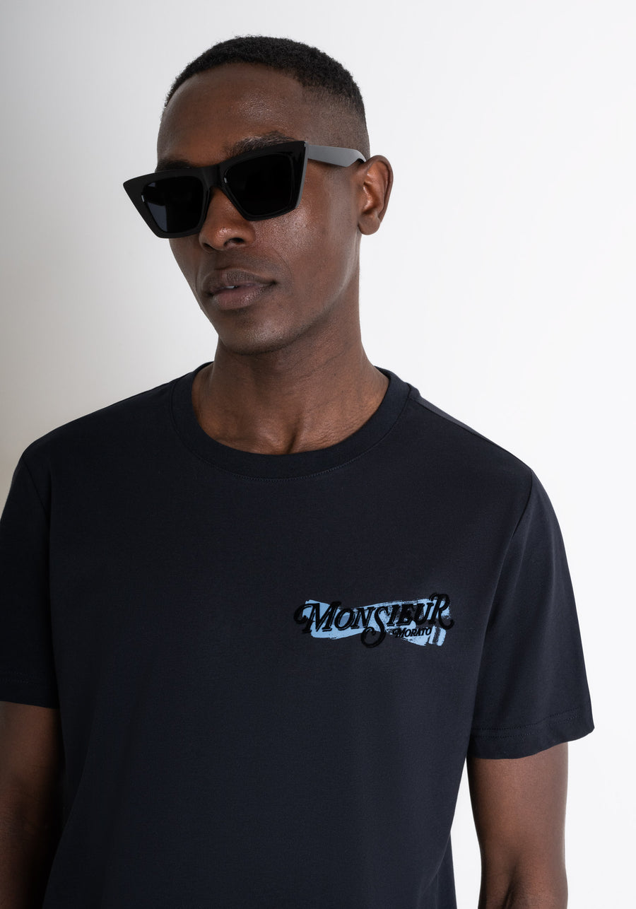 T-SHIRT REGULAR FIT NEGRA DE JERSEY ALGODÓN CON LOGOTIPO DE "MONSIEUR"