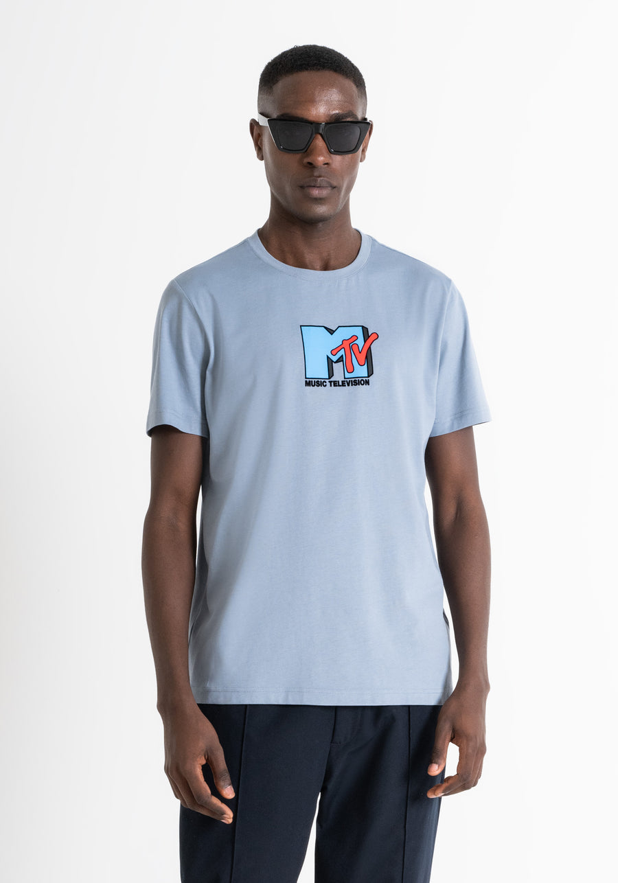T-SHIRT REGULAR FIT AQUA DE JERSEY ALGODÓN CON LOGOTIPO DE "MTV"