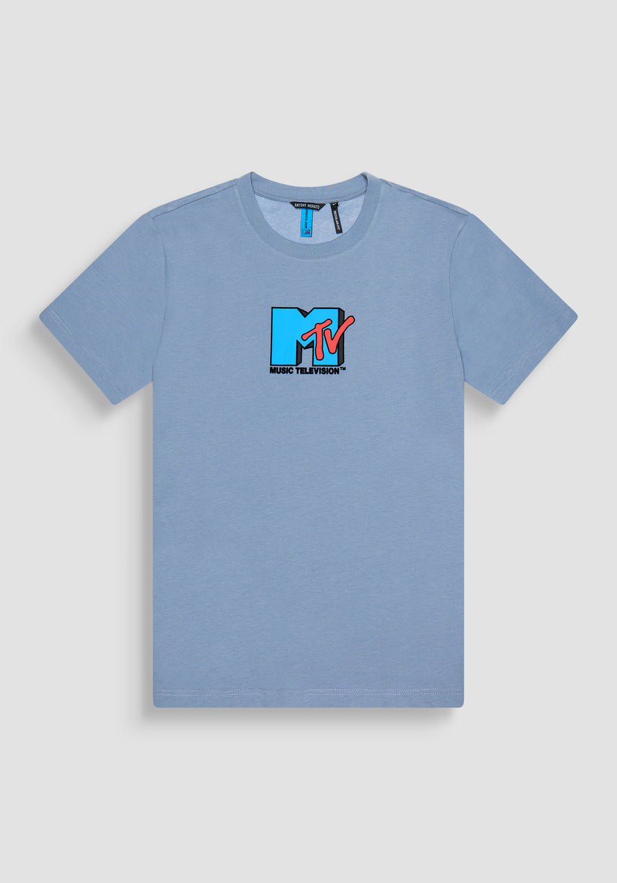 T-SHIRT REGULAR FIT AQUA DE JERSEY ALGODÓN CON LOGOTIPO DE "MTV"
