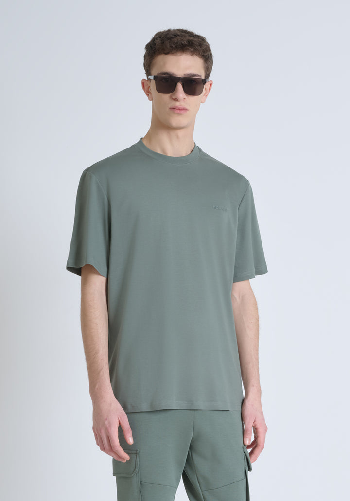 T-SHIRT RELAXED FIT DE PUNTO DE ALGODÓN PURO CON ESTAMPADO MINIMALISTA Y LOGOTIPO EN LA PARTE TRASERA