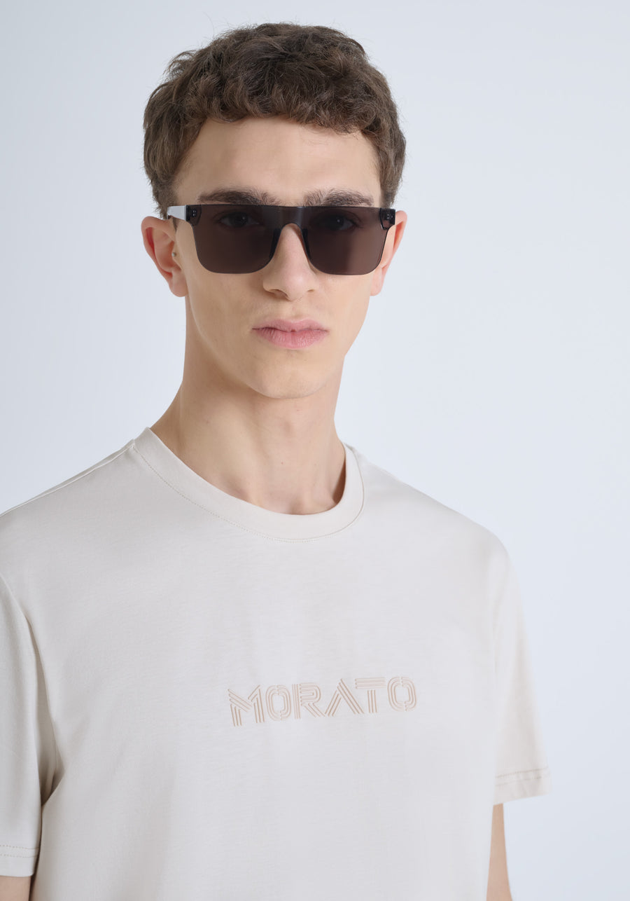 T-SHIRT REGULAR FIT DE PUNTO DE ALGODÓN 100 % CON CUELLO ACANALADO Y MONOGRAMA A JUEGO
