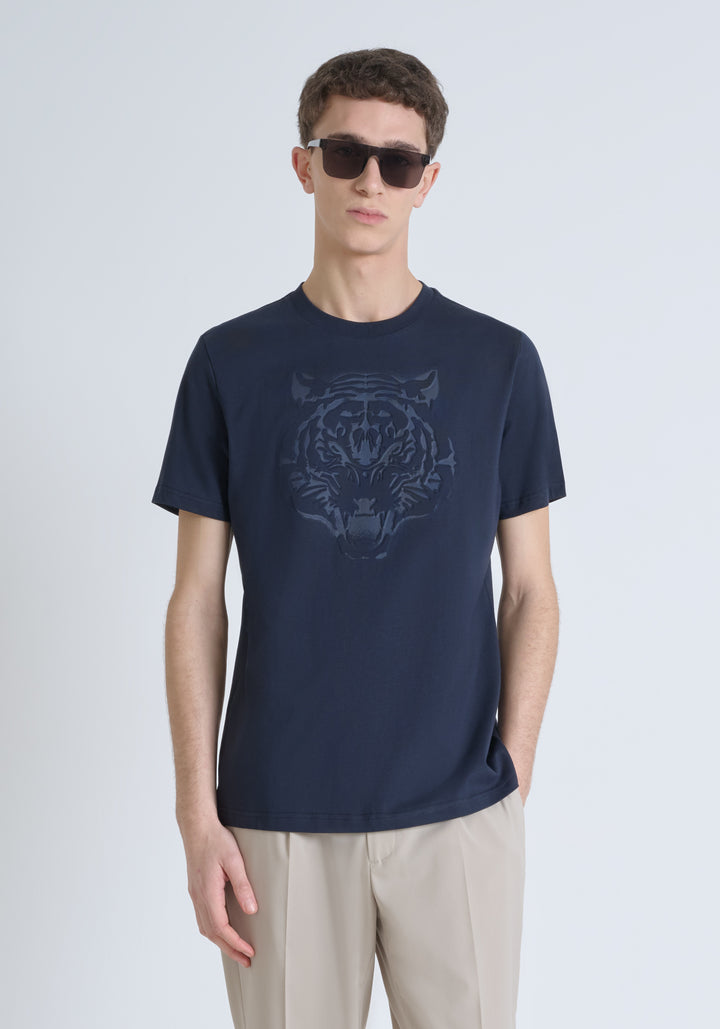 CAMISETA SLIM FIT DE PUNTO DE ALGODÓN PURO CON LOGOTIPO EN RELIEVE AZUL